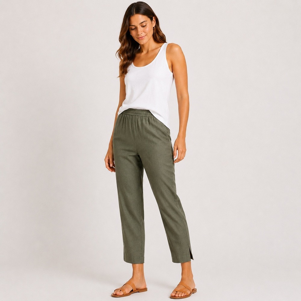 J.Jill Olive Green Linen Blend Stretch Tapered Leg Pants‎ Tall Large Ankle Slit